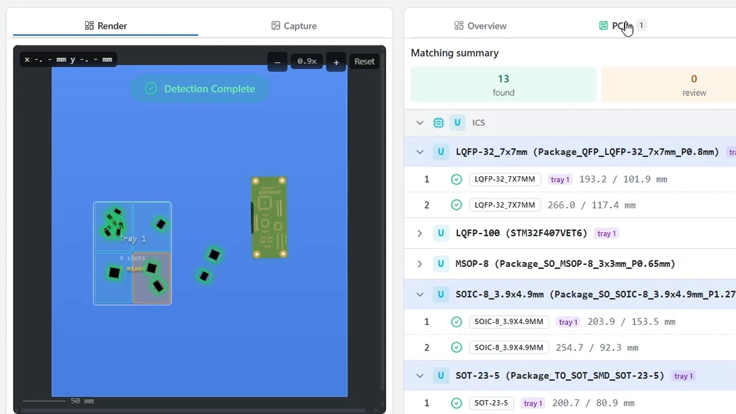 Hefex web app: detection complete, with a tray, its pockets and the board found on the work area