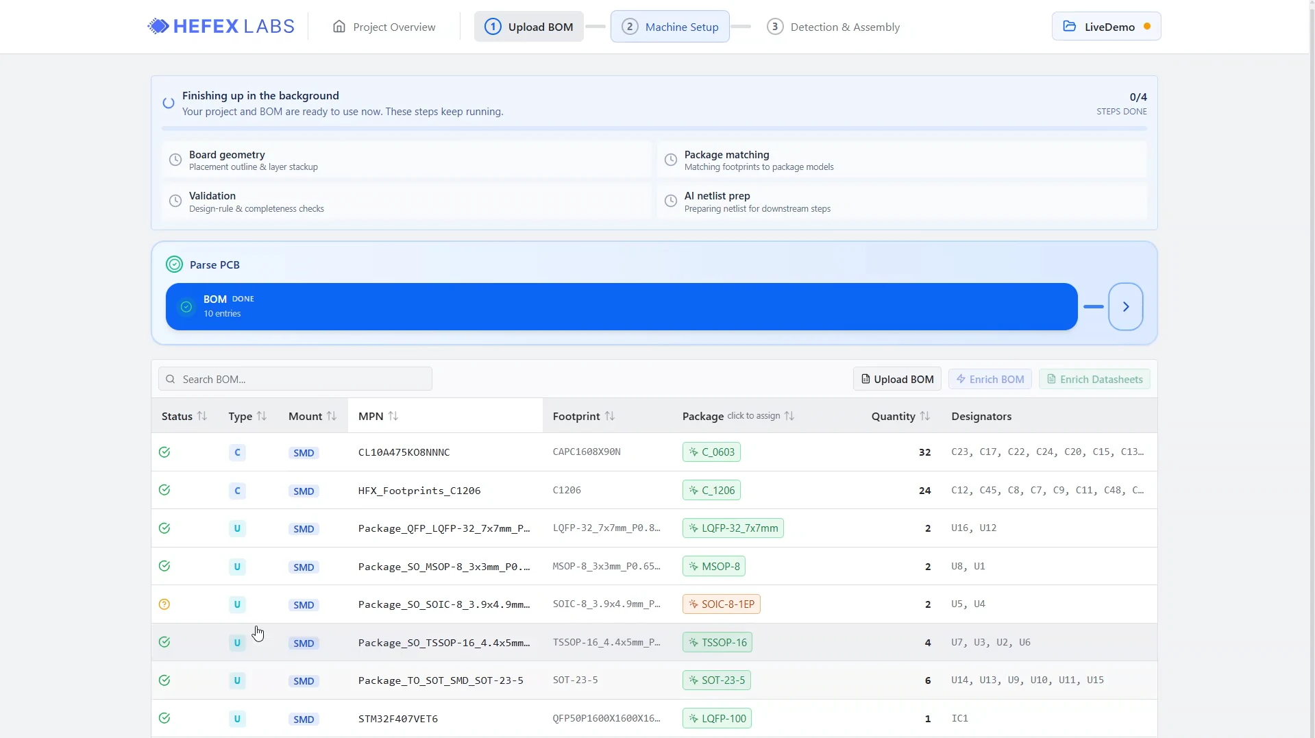 Hefex web app: the uploaded board parsed into a BOM with packages, quantities and designators
