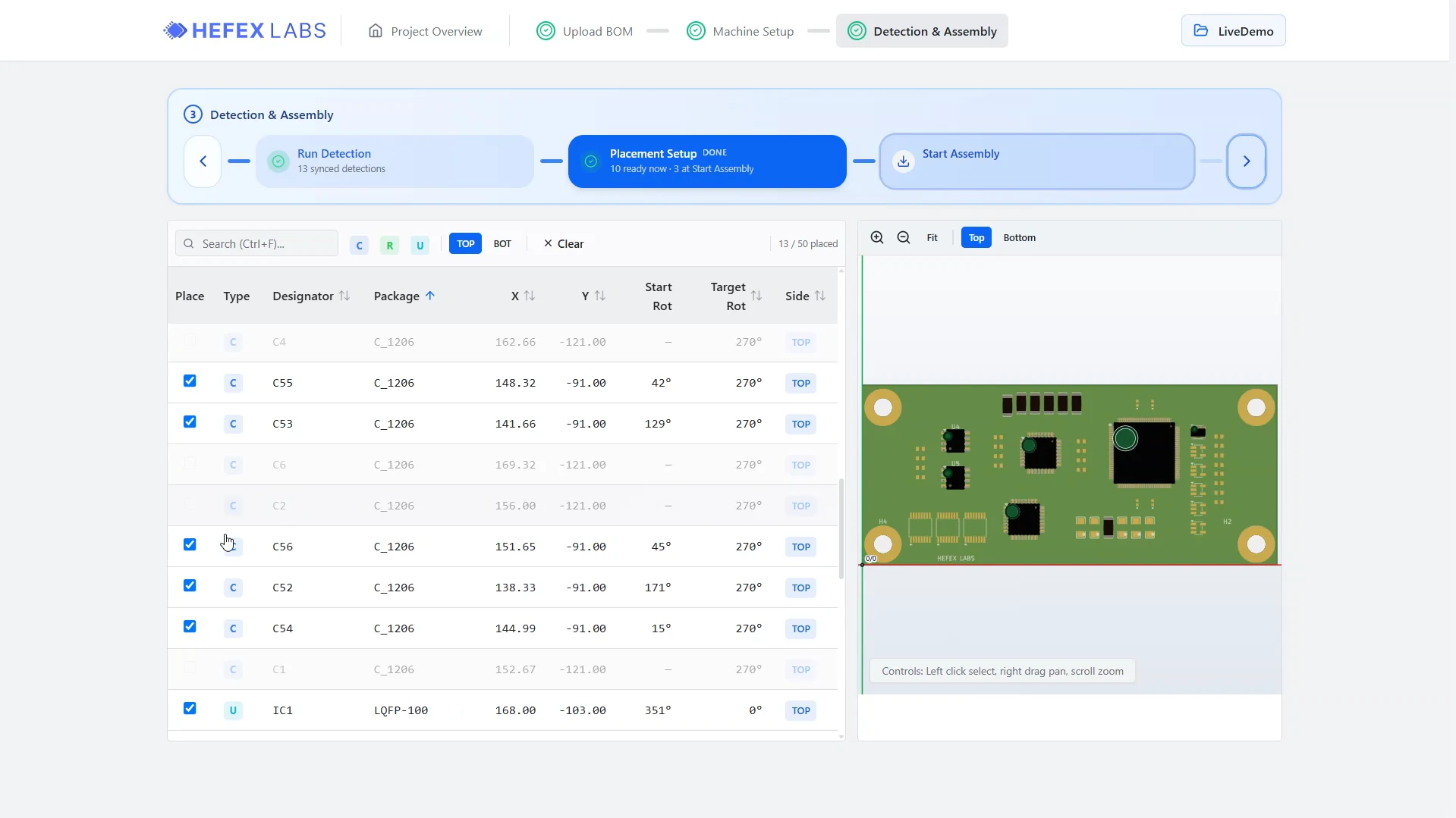 Hefex web app: every detected component matched to its designator, position and target rotation